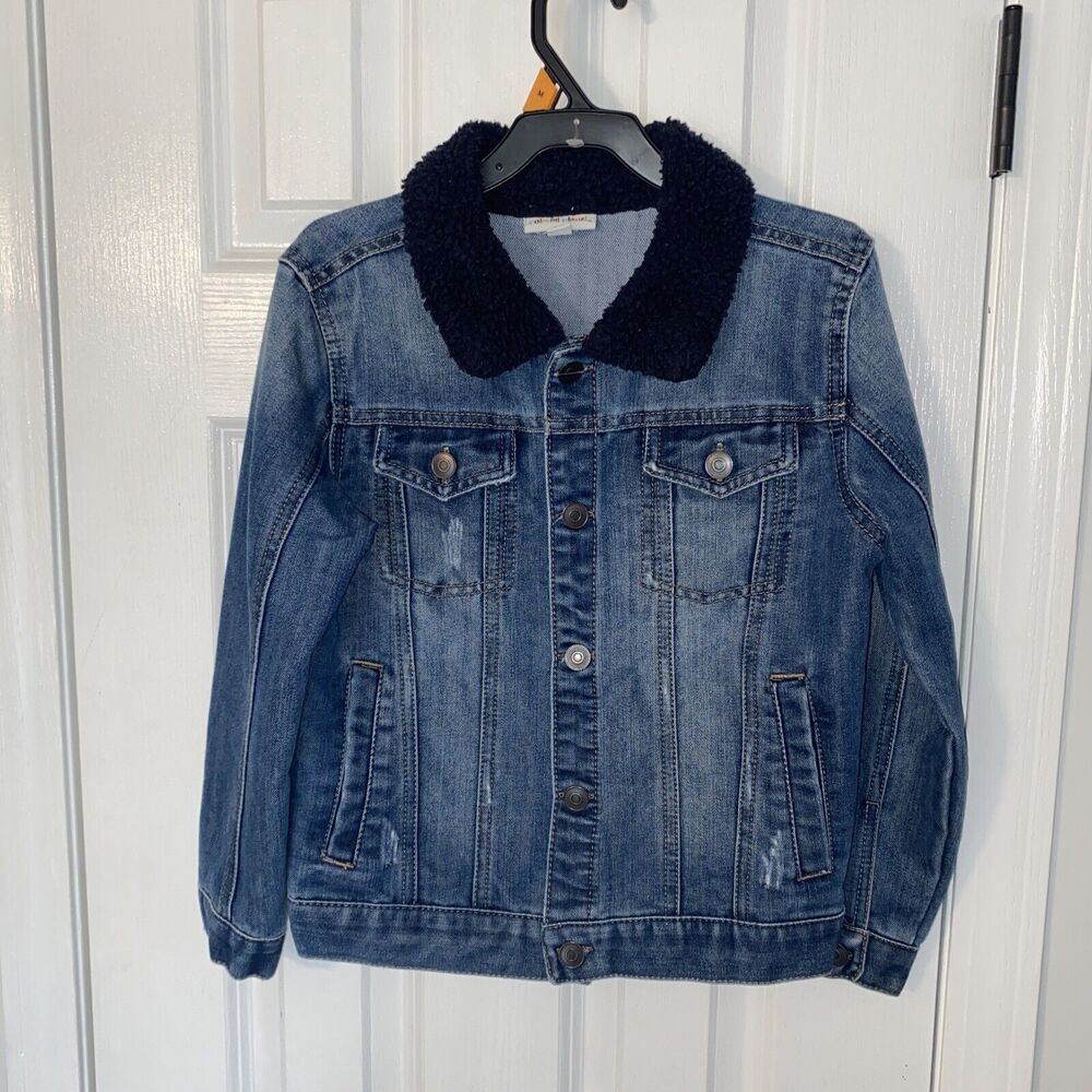 Kids Size M (8) Unisex colorful planet Black Sherpa Denim Jean Jacket